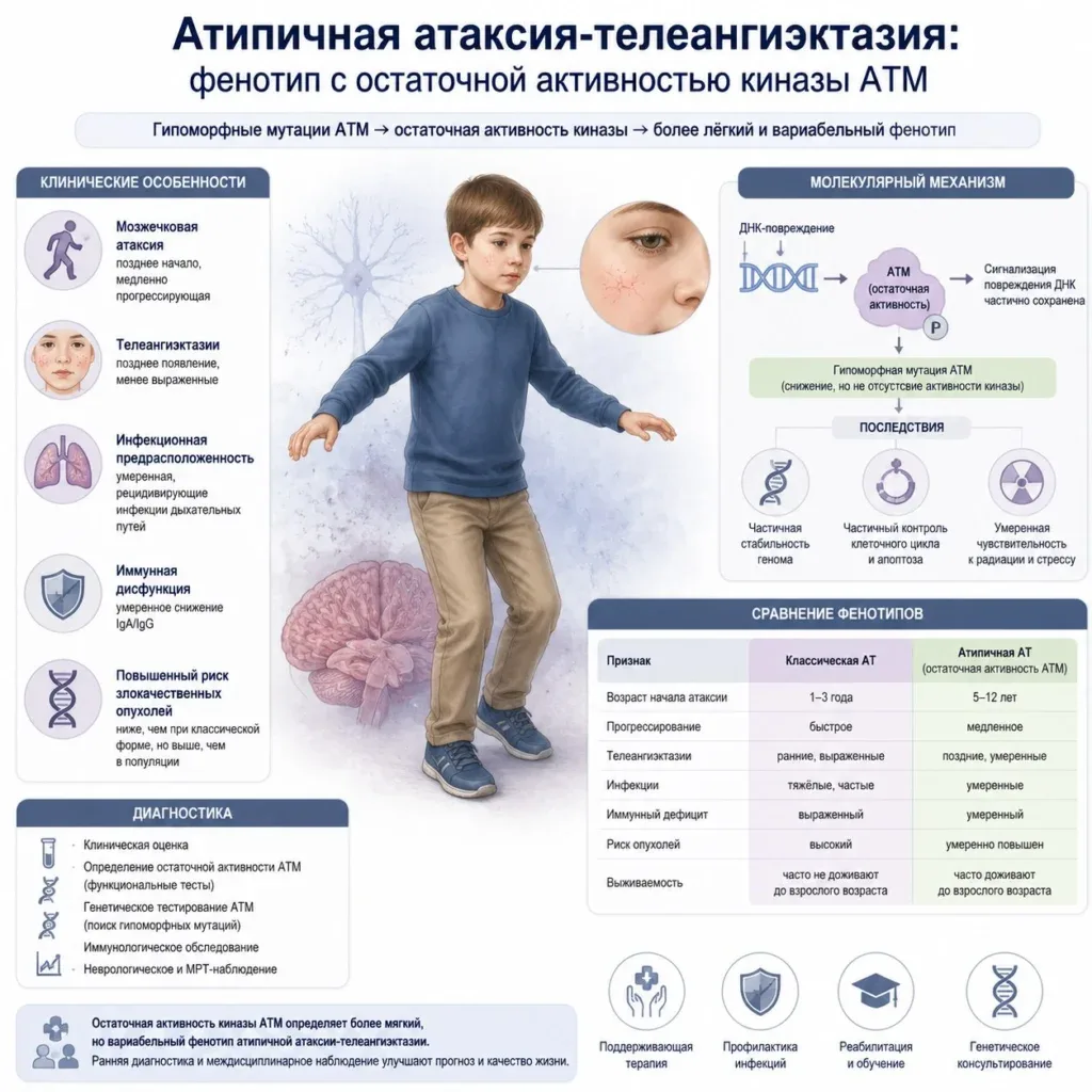 Атипичная атаксия-телеангиэктазия: фенотип с остаточной активностью киназы ATM